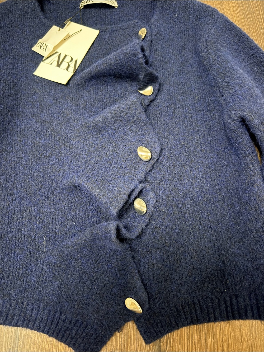 ZARA Navy Ruffle-Front Button Cardigan - Picture 2 of 3